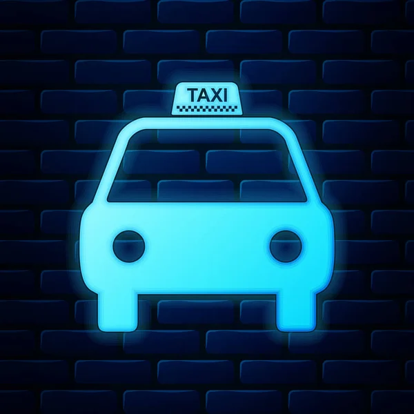 Glowing neon Taxi car icon isolated on brick wall background. Vector Illustration — Stock Vector