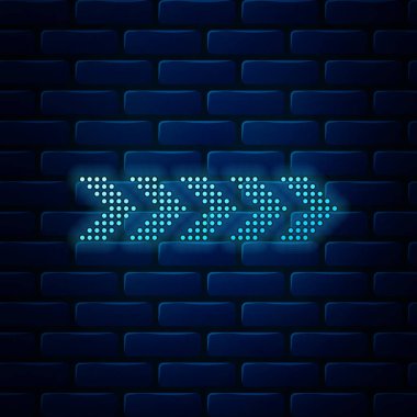 Parlayan neon noktalar ok simgesi tuğla duvar arka planında izole edildi. Vektör İllüstrasyonu