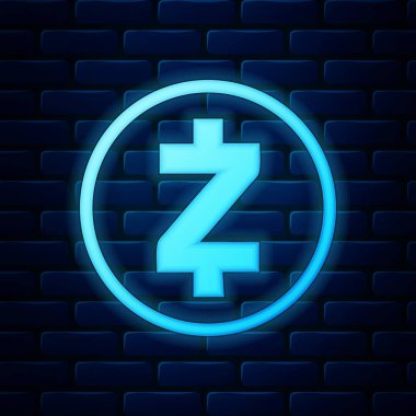 Parlayan neon para birimi Zcash Zec simgesi tuğla duvar arkasında izole edilmiş. Madeni para. Dijital para birimi. Altcoin sembolü. Engelleme zinciri tabanlı şifreli para birimi. Vektör İllüstrasyonu