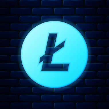 Parlayan neon kripto para birimi Litecoin Ltc simgesi tuğla duvar arka planında izole edilmiş. Madeni para. Dijital para birimi. Altcoin sembolü. Engelleme zinciri tabanlı şifreli para birimi. Vektör İllüstrasyonu