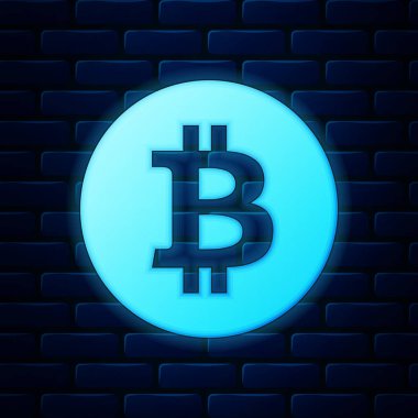 Duvarın arka planında parlayan neon paralar Bitcoin simgesi. İnternet parası için Bitcoin. Madeni para. Dijital para birimi. Engelleme zinciri tabanlı şifreli para birimi. Vektör İllüstrasyonu