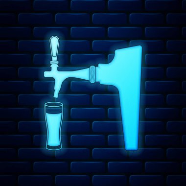 Parlayan neon bira musluğu ve tuğla duvar arkasında izole edilmiş cam ikon. Vektör İllüstrasyonu