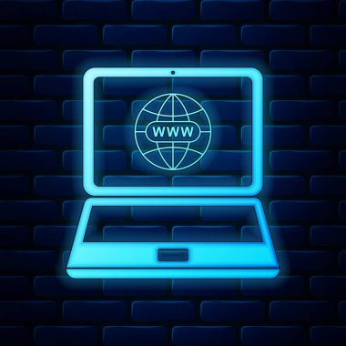Duvardaki dizüstü bilgisayar ekranında parlayan neon web sitesi. Dünya dizüstü bilgisayar sembolü ekranında. Dünya çapındaki web sembolü. İnternet sitenizin tasarımı için internet sembolü, logo. Vektör İllüstrasyonu