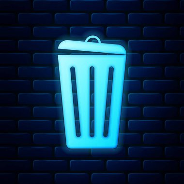 Parlayan neon çöp kutusu simgesi tuğla duvar arka planında izole edildi. Çöp kutusu tabelası. Sepet simgesini geri dönüştür. Ofis çöpü ikonu. Vektör İllüstrasyonu