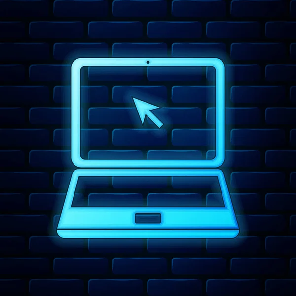 Laptop de néon brilhante com ícone de cursor isolado no fundo da parede de tijolo. Ilustração vetorial — Vetor de Stock