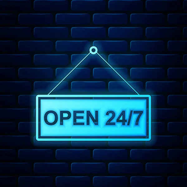 Glowing neon Hanging sign with text Open 24-7 hours icon isolated on brick wall background. Business theme for cafe or restaurant, club and bar. Vector Illustration — 스톡 벡터
