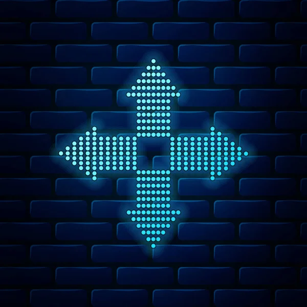 Flèches lumineuses au néon points dans quatre directions icône isolée sur fond de mur de briques. Illustration vectorielle — Image vectorielle