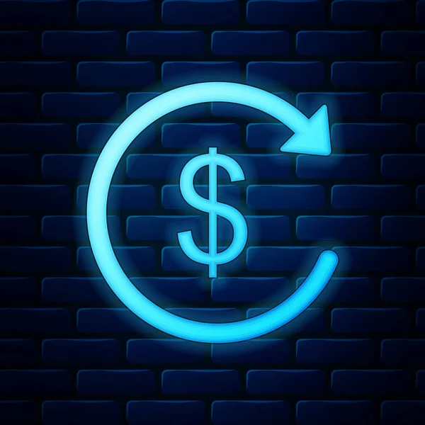 Zářící neon Náhrada peníze ikona izolované na cihlové zdi pozadí. Finanční služby, koncept vrácení peněz, vrácení peněz, návratnost investic, spořicí účet, směnárna. Vektorová ilustrace — Stockový vektor