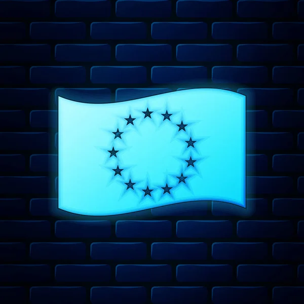 Lumineux néon Drapeau de l'Union européenne icône isolée sur fond de mur de briques. Symbole du cercle européen. Agitant le drapeau de l'UE. Illustration vectorielle — Image vectorielle