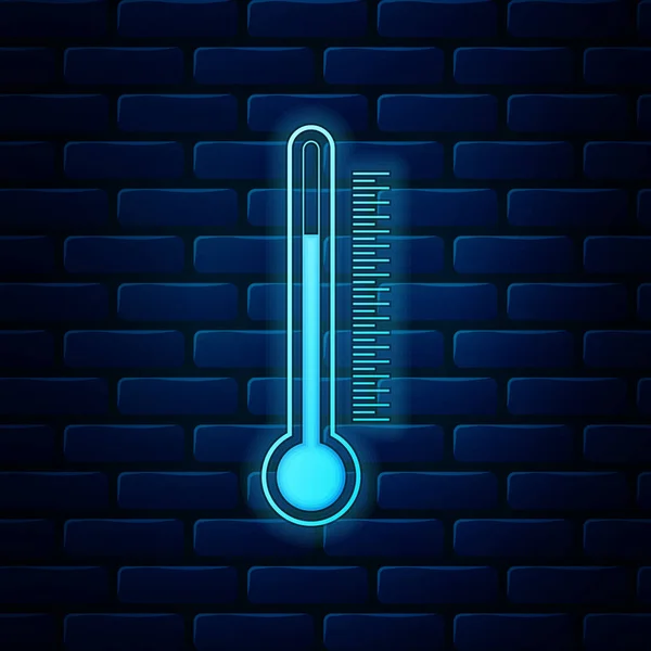 Leuchtende Neon-Thermometer-Symbol isoliert auf Backsteinwand Hintergrund. Vektorillustration — Stockvektor