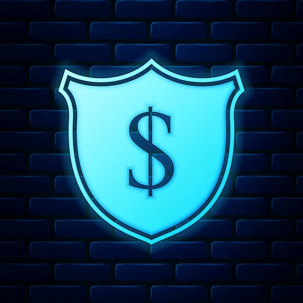 Scudo fluorescente al neon e icona dollaro isolato su sfondo muro di mattoni. Protezione scudo di sicurezza. Concetto di sicurezza monetaria. Illustrazione vettoriale — Vettoriale Stock