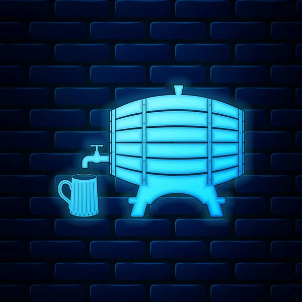 Glowing neon Wooden barrel on rack with stopcock and wooden beer mug icon isolated on brick wall background. Vector Illustration — 스톡 벡터