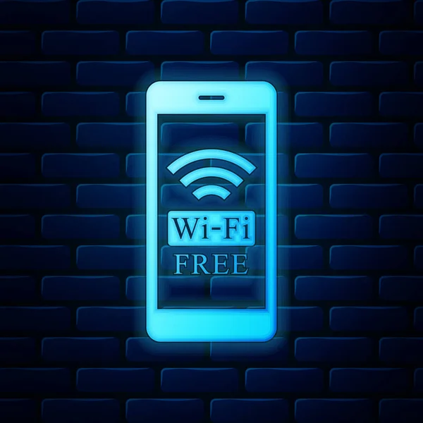 Smartphone de neón brillante con Wi-Fi gratis icono de conexión inalámbrica aislado en el fondo de la pared de ladrillo. Tecnología inalámbrica, conexión wi-fi, red inalámbrica, concepto de hotspot. Ilustración vectorial — Vector de stock