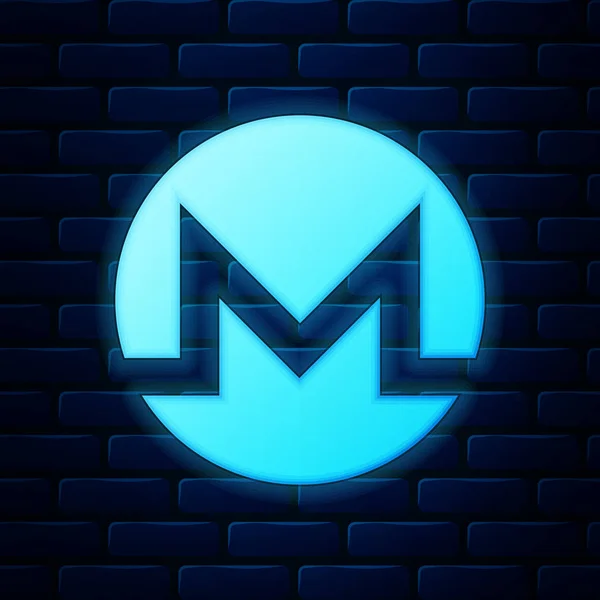 Glowing neon Cryptocurrency coin Monero XMR icon isolated on brick wall background. Physical bit coin. Digital currency. Altcoin symbol. Blockchain based secure crypto currency. Vector Illustration — 스톡 벡터