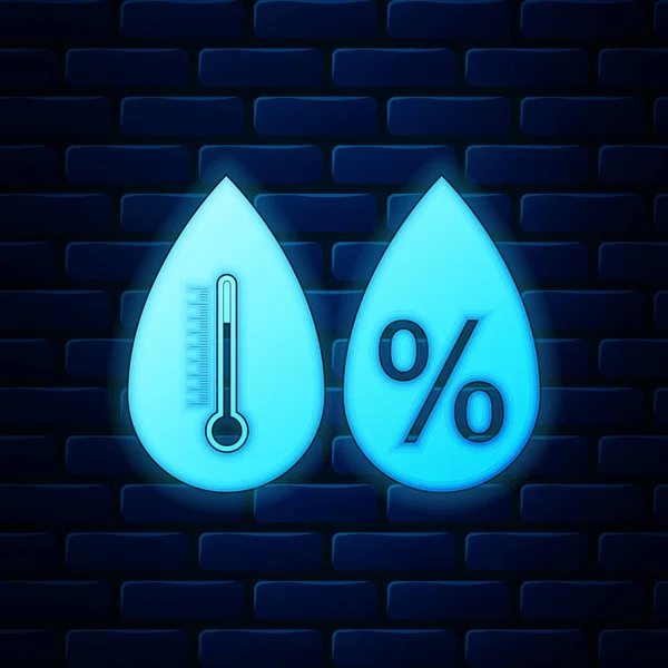Ícone de umidade de néon brilhante isolado no fundo da parede de tijolo. Tempo e meteorologia, símbolo do termómetro. Ilustração vetorial — Vetor de Stock