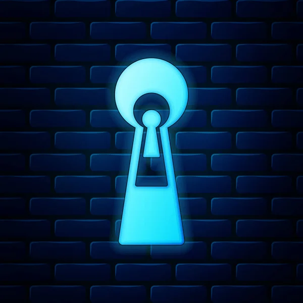 Icona luminosa al neon Keyhole isolato su sfondo muro di mattoni. La chiave della soluzione di successo, concetto di business. Keyhole esprimere il concetto di indovinello, segreto, capolino, sicurezza, sicurezza. Illustrazione vettoriale — Vettoriale Stock