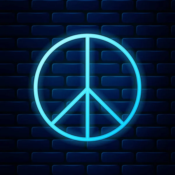 Gloeiende neon Vredesteken pictogram geïsoleerd op bakstenen muur achtergrond. Hippie symbool van vrede. Vector Illustratie — Stockvector