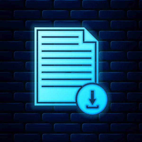 Glowing neon Document with download sign icon isolated on brick wall background. File document symbol. Vector Illustration — Stock Vector