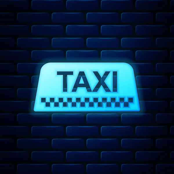 Icono de letrero de techo de coche de neón brillante taxi aislado en fondo de pared de ladrillo. Ilustración vectorial — Vector de stock