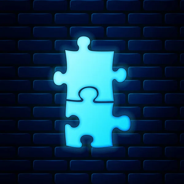 Glowing neon Piece of puzzle icon isolated on brick wall background. Business, marketing, finance, template, layout, infographics, internet concept. Vector Illustration — Stock Vector