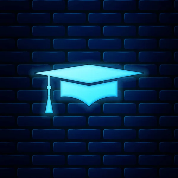 Lumineux néon Icône de casquette de graduation isolé sur fond de mur de brique. Chapeau de graduation avec icône de pompon. Illustration vectorielle — Image vectorielle