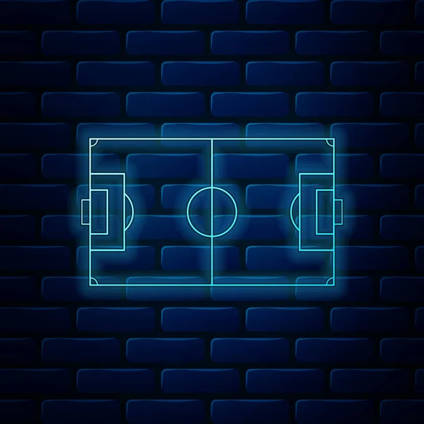 Brillante neón Campo de fútbol o campo de fútbol icono aislado en el fondo de la pared de ladrillo. Ilustración vectorial — Vector de stock