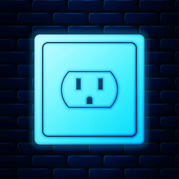 Gloeiende neon Elektrische stopcontact in de Usa pictogram geïsoleerd op baksteen muur achtergrond. Stroomaansluiting. Vector Illustratie — Stockvector