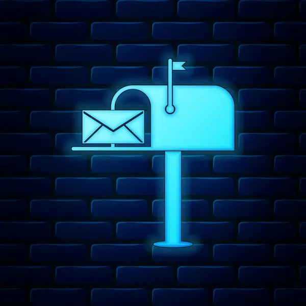 Scatola luminosa al neon Open mail con un'icona busta isolata su sfondo muro di mattoni. Illustrazione vettoriale — Vettoriale Stock