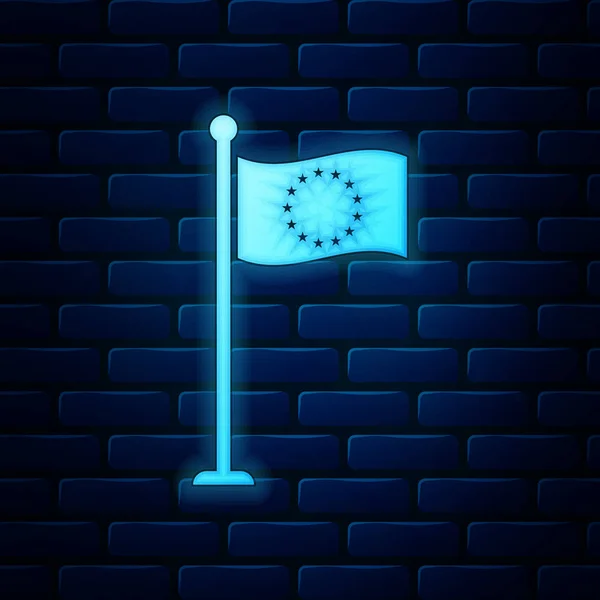 Glowing neon Flag of European Union icon isolated on brick wall background. EU circle symbol. Waving EU flag on a metallic pole. Vector Illustration — Stock Vector