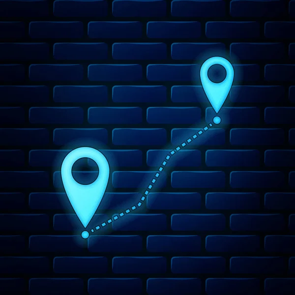 Ragyogó neon Route helyét ikon elszigetelt téglafal háttér. Térképes mutató jel. Az ösvény vagy az út fogalma. GPS navigátor. Vektorillusztráció — Stock Vector