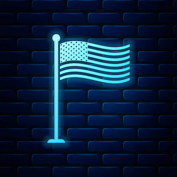 Brillante bandera de neón nacional de EE.UU. en el icono del asta de la bandera aislado en el fondo de la pared de ladrillo. Signo de bandera americana. Ilustración vectorial — Vector de stock