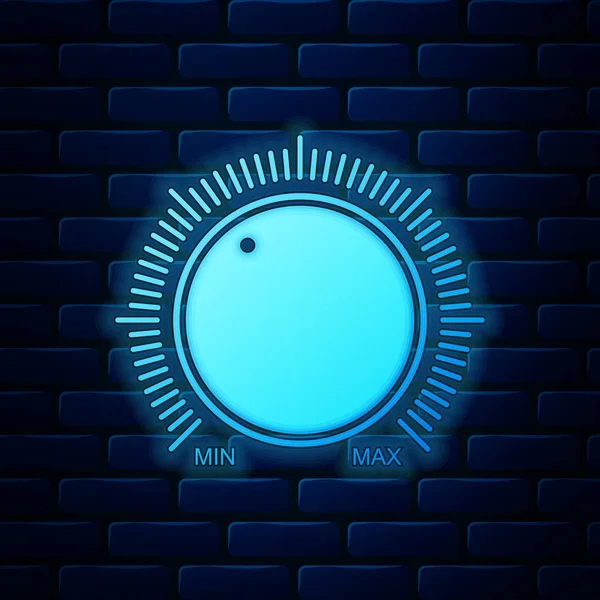 Glowing neon Dial knob level technology settings icon isolated on brick wall background. Volume button, sound control, music knob with number scale, analog regulator. Vector Illustration — 스톡 벡터