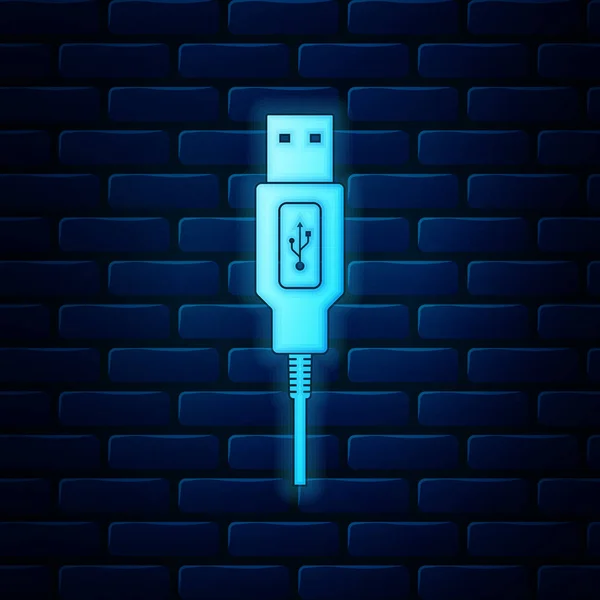Gloeiende neon Usb kabel snoer pictogram geïsoleerd op baksteen muur achtergrond. Aansluitingen en stopcontacten voor Pc en mobiele apparaten. Computer randapparatuur connector of smartphone opladen levering. Vector Illustratie — Stockvector