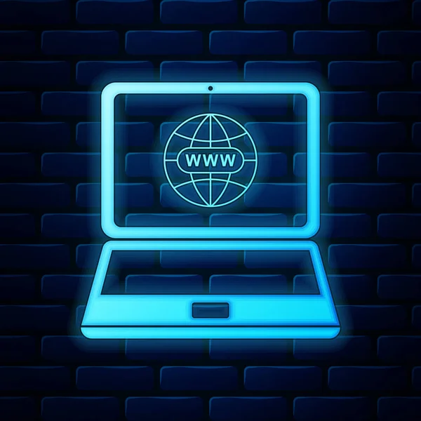 Ragyogó neon honlap laptop képernyőn ikon téglafal háttér. Globe a képernyőn a laptop szimbólum. Világméretű web szimbólum. Internetes szimbólum a weboldal tervezéséhez, logójához. Vektorillusztráció — Stock Vector