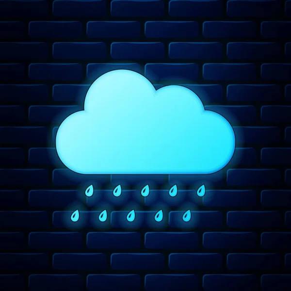 Zářící neonový mrak s ikonou deště izolovanou na pozadí cihlové zdi. Déšť nimbus mrak srážky s kapkami deště. Vektorová ilustrace — Stockový vektor