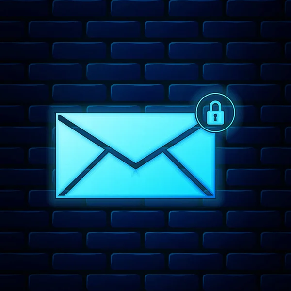 Lumineux néon Email message verrouiller mot de passe icône isolée sur fond de mur de briques. Enveloppe avec panneau cadenas. Courrier privé et sécurité, sécurité, protection, symbole de confidentialité. Illustration vectorielle — Image vectorielle