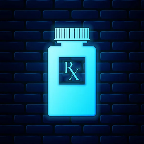 Λαμπερό νέον χάπι μπουκάλι με ένδειξη Rx και χάπια εικονίδιο απομονώνονται σε φόντο τοίχο από τούβλα. Σχεδιασμός φαρμακείου. Rx ως σύμβολο συνταγής για το φάρμακο μπουκάλι φάρμακο. Εικονογράφηση διανύσματος — Διανυσματικό Αρχείο