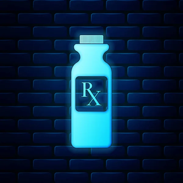 Gloeiende neon Pil fles met Rx teken en pillen pictogram geïsoleerd op baksteen muur achtergrond. Farmaceutisch ontwerp. Rx als voorschriftsymbool op medicijnfles. Vector Illustratie — Stockvector