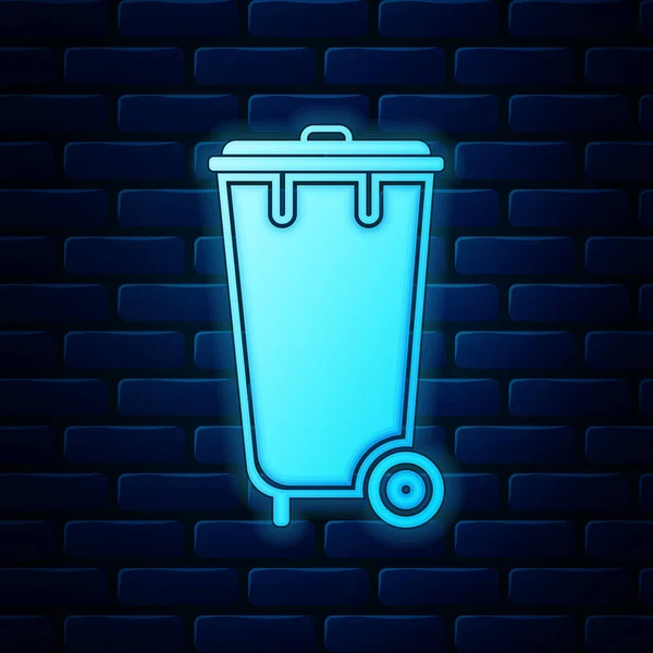 Светящийся неоновый мусорный бак значок изолирован на фоне кирпичной стены. Знак мусорного бака. Reycle basket icon. Значок офисного мусора. Векторная миграция — стоковый вектор