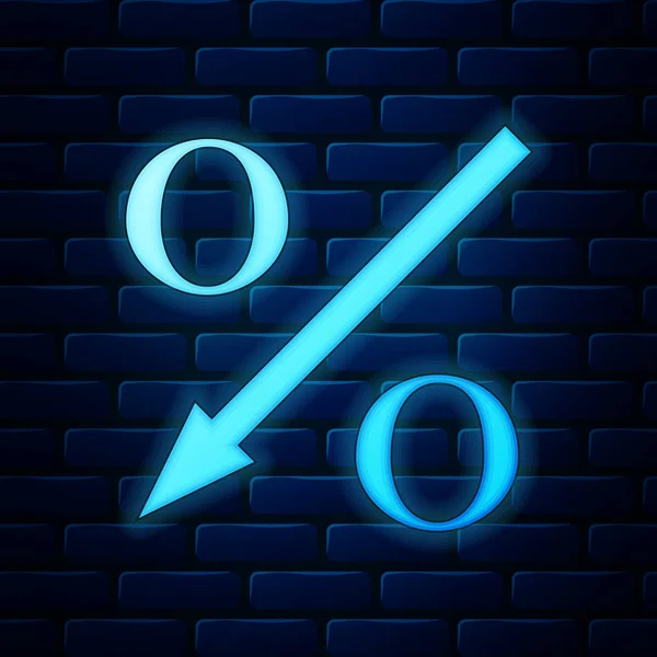 Glowing neon Percent down arrow icon isolated on brick wall background. Decreasing percentage sign. Vector Illustration — Stock Vector