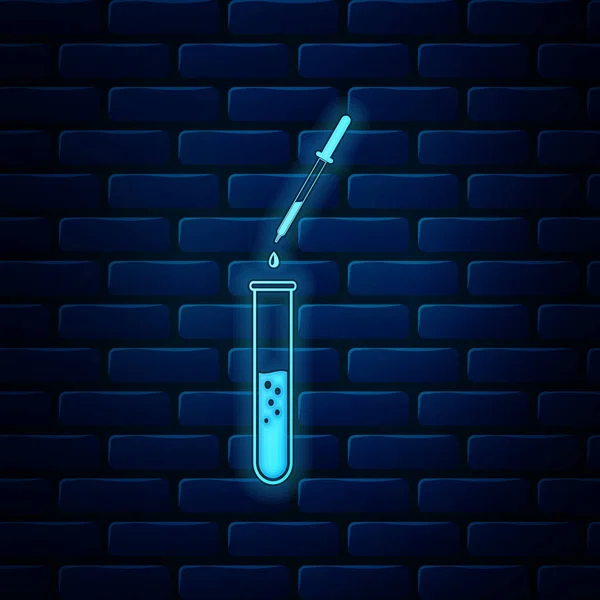 Žhnoucí neon Laboratorní pipeta s tekutou a padající kapkou přes ikonu skleněné zkumavky izolované na pozadí cihlové stěny. Laboratorní výzkum nebo laboratorní testy. Vektorová ilustrace — Stockový vektor