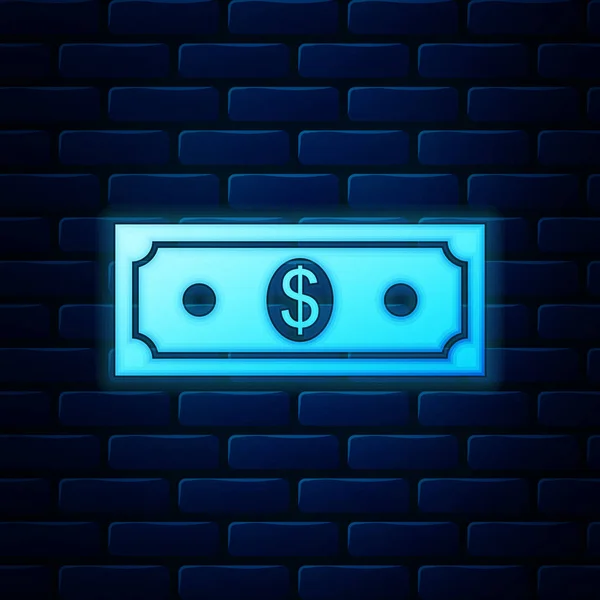 Glowing neon Paper money american dollars cash icon isolated on brick wall background. Dollar banknote sign. Vector Illustration — Stock Vector