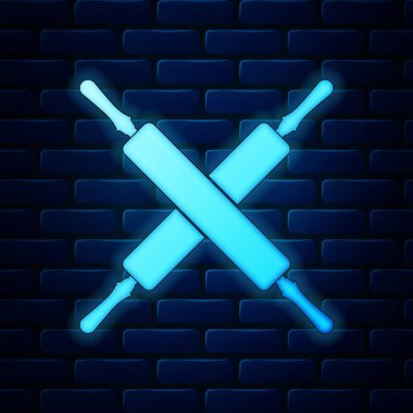 Parlayan neon kaplı yuvarlanan raptiye simgesi tuğla duvar arka planında izole edilmiş. Mutfak gereçleri ve ekipmanları. Vektör İllüstrasyonu