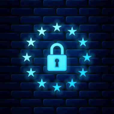 Parlayan neon Gdpr - Genel veri koruma düzenleme simgesi tuğla duvar zemininde izole edildi. Avrupa Birliği sembolü. Güvenlik, güvenlik, koruma, gizlilik kavramı. Vektör İllüstrasyonu