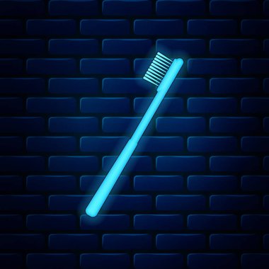 Işıldayan neon diş fırçası simgesi tuğla duvar arkasında izole edilmiş. Vektör İllüstrasyonu