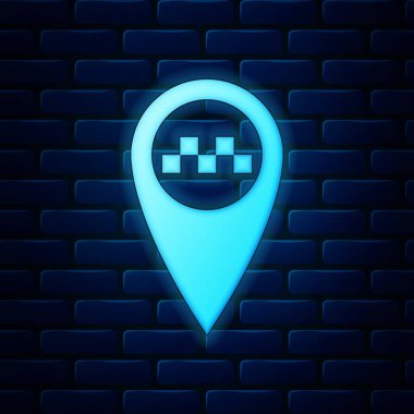 Duvarda izole edilmiş bir taksi ikonu olan parlak neon harita işaretçisi. Vektör İllüstrasyonu