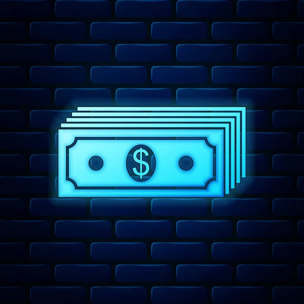 Fluorescente al neon carta moneta dollari americani icona di cassa isolata su sfondo muro di mattoni. Banconote in denaro impilare con icona dollaro. Valuta Bill. Illustrazione vettoriale — Vettoriale Stock
