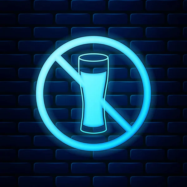 Glowing neon No alcohol icon isolated on brick wall background. Prohibiting alcohol beverages. Forbidden symbol with beer bottle glass. Vector Illustration — 스톡 벡터