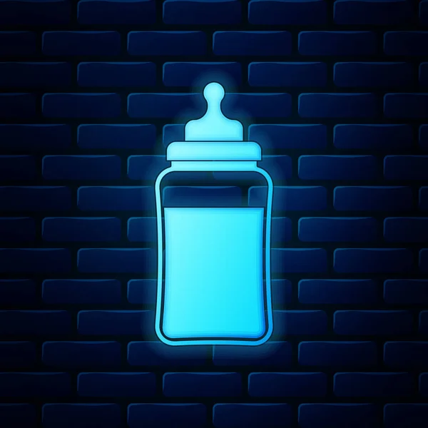 Zářící neon Baby láhev ikona izolované na cihlovou zeď na pozadí. Láhev na krmení ikona. Mléko láhev znamení. Vektorové ilustrace — Stockový vektor