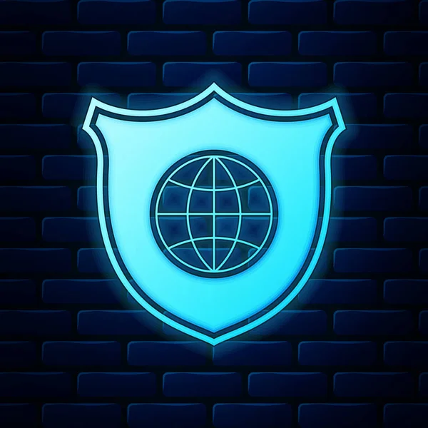 Bouclier lumineux néon avec icône globe mondial isolé sur fond de mur de briques. Sécurité, sûreté, protection, concept de vie privée. Illustration vectorielle — Image vectorielle